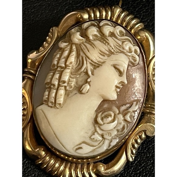 Gold Filled Shell Cameo Brooch Pendant Hand Carved 1/20 12k GF Vintage - Picture 5 of 14